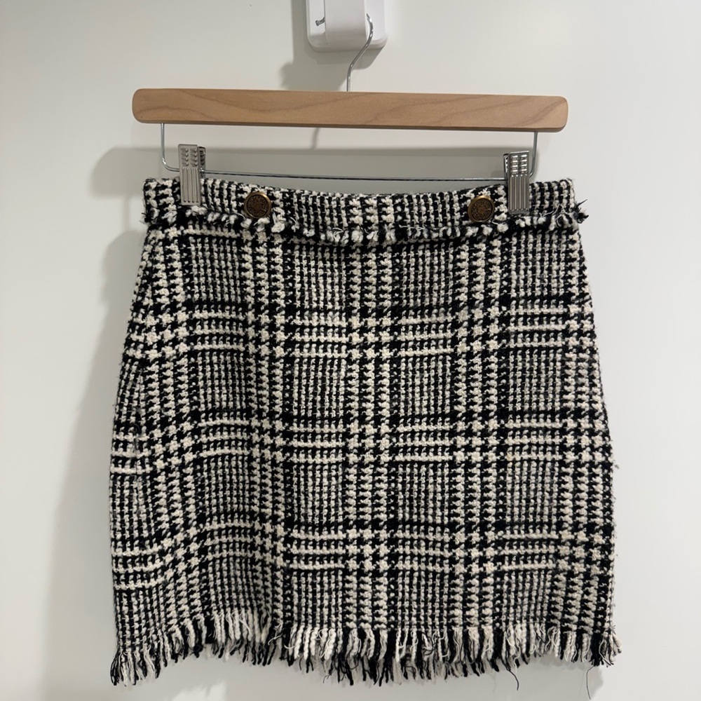 Zara Black and White Plaid Tweed Skirt